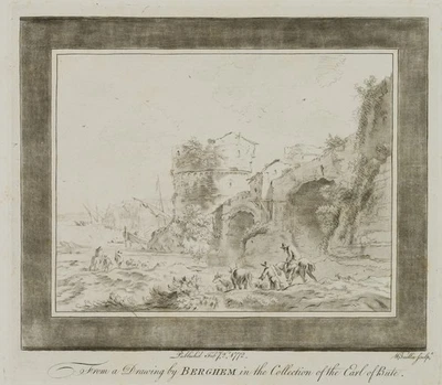 BAILLIE (*1723) nach BERCHEM (*1620), Flusslandschaft u. Turmruine,  1772, Rad. - Bild 1 von 4