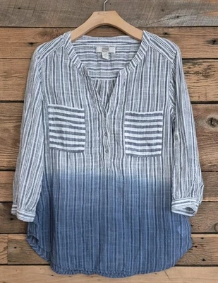 Coastal Striped Gradient Blouse V-Neck Button Front Long Sleeve Lightweight Sz L - Image 1 of 3