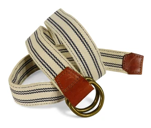 J CREW WEB BELT Off-White w/Navy Stripes BROWN LEATHER ENDS Brass D-Rings S/M - Picture 1 of 5
