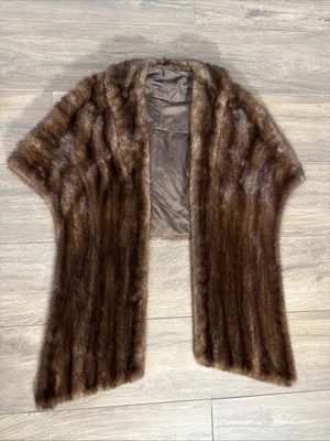 Vintage Womens Brown Mink Fur Shawl Wrap Evening Cape Stole Coat Pockets As Is - Image 1 of 4
