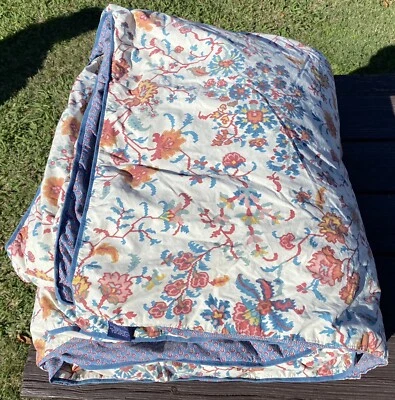 Chaps Ralph Lauren Comforter Blue Cream Floral Cotton Queen Reversible - Image 1 of 4