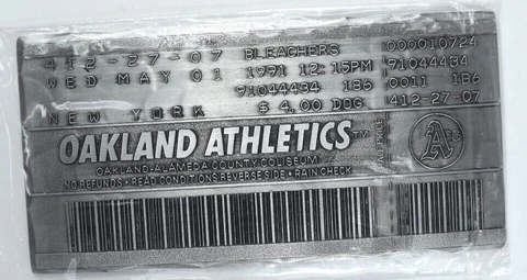 May 1, 1991 Oakland A's Athletics Major League Baseball Metal Replica Ticket Cover