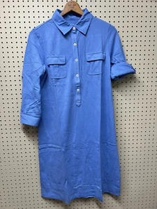 New Lands' End Polo 3/4 Sleeve Shirt Dress Blue Cotton Large 14/16 NWT Mesh Knit - Picture 1 of 10