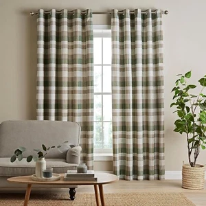 Catherine Lansfield Cotton Thermal Check Curtains Lined Eyelet Top 46x54" Green - Picture 1 of 4