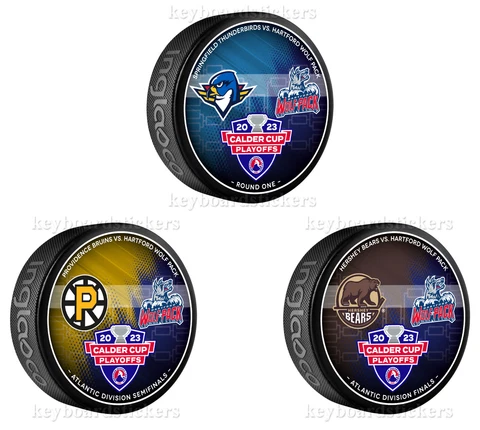 2023 AHL Calder Cup Playoffs Hartford Wolf Pack 3 Puck Pkg -  Round 3, 2, 1 Cover
