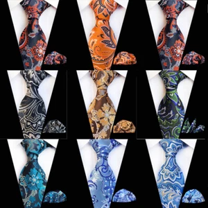 Men Flower Jacquard Pocket Square Neck Tie Floral Handkerchief Wedding Hanky Set - Picture 1 of 10