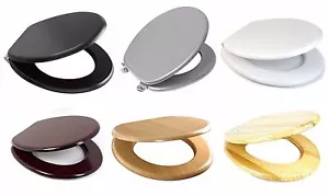 NEW MDF WOODEN TOILET SEAT+FITTINGS ADJUSTABLE CHROME HINGES BATHROOM SOFT CLOSE - Picture 1 of 9