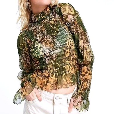 Top Babydoll Free People Talla Pequeña Malla Transparente Festival Caprichoso Verde Floral Usado en Excelente Condición Foto 1 de 4