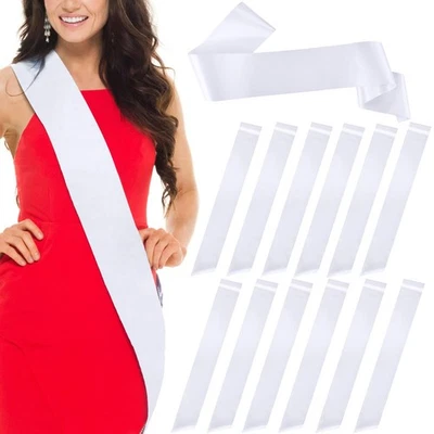 12 Pcs Blank White Satin Sashes, Plain, DIY, Pageant, Birthday, Party Decor - Изображение 1 из 4