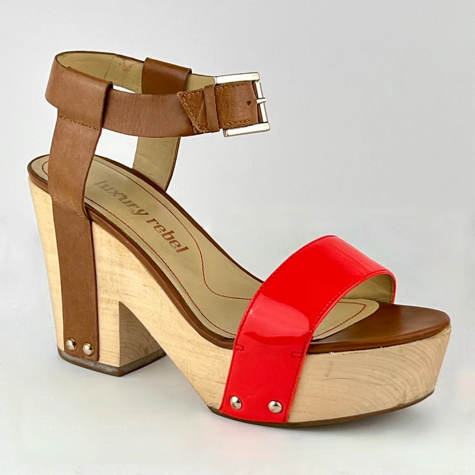 Luxury Rebel Fern Neon Coral Red Patent Leather 6.5-7/37.5 Wood Platform Sandal - Image 1 of 4
