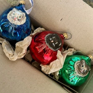 RAR Vintage Lauscha KATZE KÄTZCHEN mundgeblasene Glas Ornamente / Germany / 3er Set - Bild 1 von 10