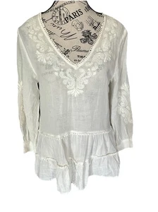 Camisa Zara Blanca Transparente Bordada Manga 3/4 Cuello en V Volantes Boho Top S Playa - Imagen 1 de 5