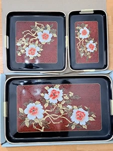 Japanese Black Lacquer Floral Nesting Trays (Set of 3) in Box Laquerware - Picture 1 of 8