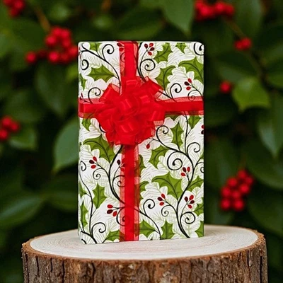 Papel de ENVOLTURA de regalo HOLLY BERRY GREENERY diseño de impresión 24" elige longitud cantidad Foto 1 de 2