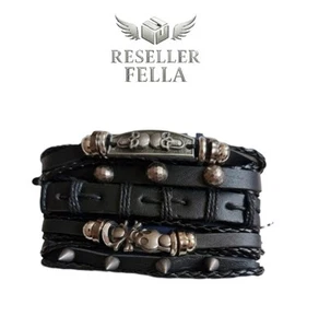 Men's Stacked Leather Bracelet Rocker Multi Row Layer Stack Wristband - Picture 1 of 1