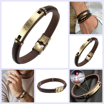 Personalized Engraved Stainless Steel Genuine Leather Bracelet Antique Gold Tone - Image 1 of 4