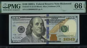 2009A $100 FRN LE00000033D P.M.G #66EPQ - Picture 1 of 3