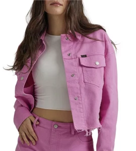Wrangler Western Button Front Cropped Shacket Women's L Pink Fringe Hem Long Sl - Picture 1 of 2