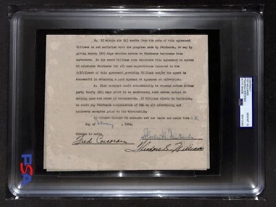 Ted Williams Original Signed Marketing Contract Full Name Auto PSA 10 - Image 1 of 3