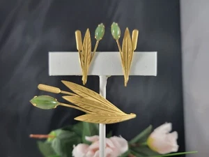 Vintage Signed CC Brooch Screwback Earrings 1/20 Gold Filled  12KT Jade Lot Set - Picture 1 of 7