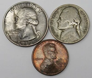Assorted US Mint Lamination Errors - 1x 1962-D 25c, 1x 1943 5c, 1x 1971-D 1c - Picture 1 of 8