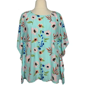 True Being Women Blouse Short Flutter Sleeve Shirt Floral Pattern 1X NEW - Picture 1 of 7