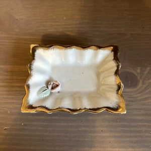VINTAGE Porcelain Trinket Jewelry Tray Gold Trim And Rose - Picture 1 of 4