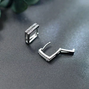 Square 925 Sterling Silver CZ Small Huggie Hoop Earrings - Picture 1 of 5