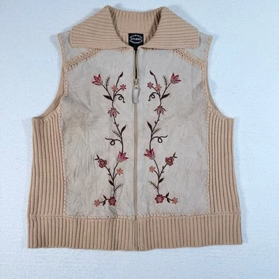 Chaleco Tejido Cuero Vintage Bordado Cremallera L Floral Western Boho Cottagecore Foto 1 de 4