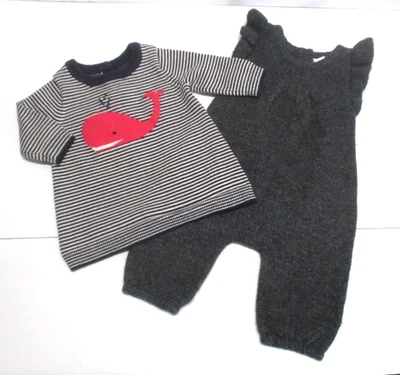 2 VESTIDO Y ATUENDO DE PUNTO GRIS Y AZUL MARINO BEBÉ NIÑA BEBÉ TALLA 0-3 MESES Foto 1 de 3