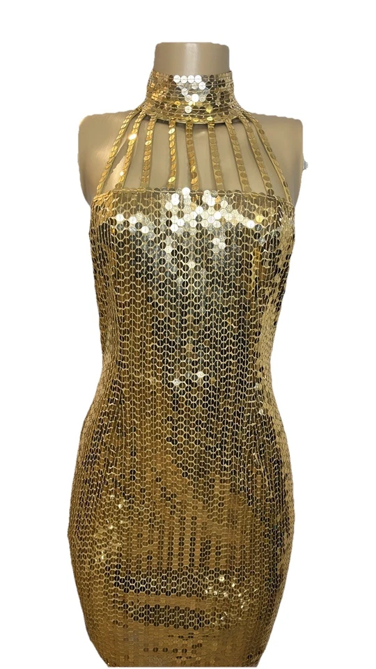 Vestido de lentejuelas halter enjaulado dorado línea Nite vintage años 80 Foto 1 de 4