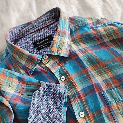 Bugatchi 100% Linen Shirt Button Up Mens XL Plaid Flip Cuff Roll Tab Long Sleeve - Image 1 of 4