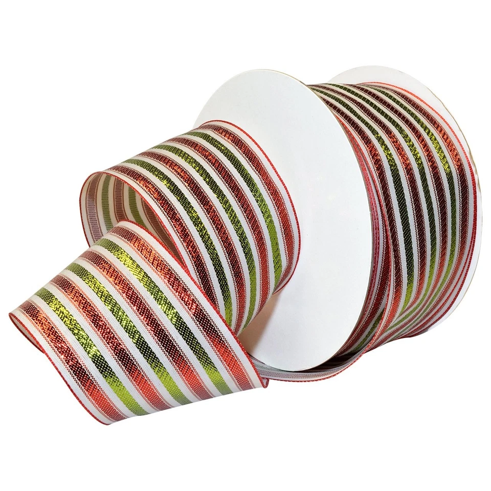 Wired Polyester Baroque Noel Ribbon, 2-1/2" x 50 yd, White/Green/Red - Image 1 of 1