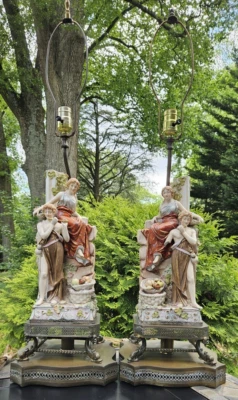 2 RARE German Porcelain Greek Figural Lamps on Brass/Silver Ornate Bases FREESHP - Image 1 of 4
