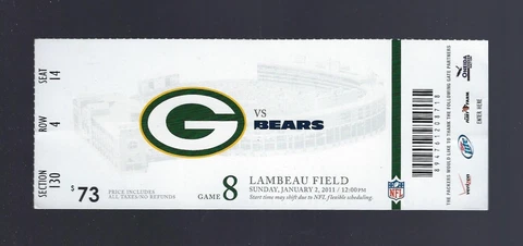 2010 NFL CHICAGO BEARS @ GREEN BAY PACKERS  FULL UNUSED FOOTBALL TICKET Cover