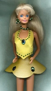 2 PC YELLOW SUEDE DANCE OUTFIT W/ EMERALD JEWELS FITS 11 1/2" DOLL - Picture 1 of 1