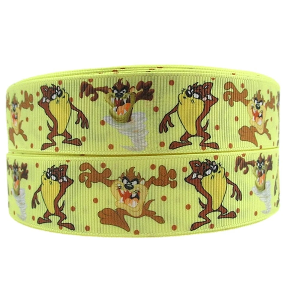 Taz Going Crazy Cartoon Character Yellow 1" Wide Repeat Ribbon Sold in Yards - Image 1 of 1