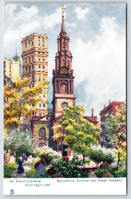 VINTAGE OLD ANTIQUE POSTCARD ST. PAULS CHURCH BUILDING LADY CEMETERY NEW YORK - Image 1 of 2