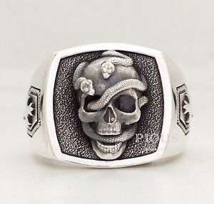 Skull Snakes Serpant cross men circle 925 sterling silver biker ring size 11.5