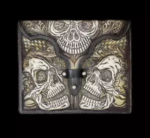 IPAD TABLET CASE MULI FIT HAND CARVED LEATHER SKULL DESTGN HAND TOOLED $30 OFF - Picture 1 of 3