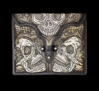 IPAD TABLET CASE MULI FIT HAND CARVED LEATHER SKULL DESTGN HAND TOOLED $30 OFF - Image 1 of 3