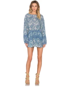$128 Free People Mini Vestido Estampado "Sol Plateado" "Azul Lavado" Talla S (M) Nuevo con Etiquetas - Imagen 1 de 12