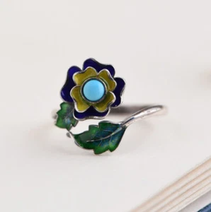 I05 Cloisonne Ring grüne Blätter türkisfarbener Stein Silber 925 verstellbar - Bild 1 von 3