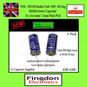 2x TDK 33uF 450V Electrolytic Capacitor Low ESR 105 deg Radial 32 x 16.4mm - Picture 1 of 1