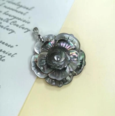 Mejor Joyería Camelia Natural Abulón Concha Piedras Preciosas Plata Collar Colgante Foto 1 de 4