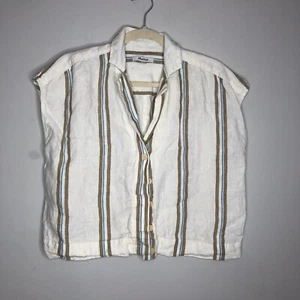 Madewell Hemd Damen klein weiß gestreift 100 % Leinen Knopfleiste Freizeit Crop MANGEL - Bild 1 von 6