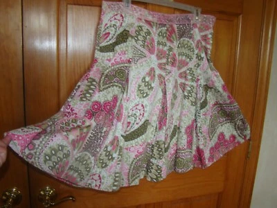 NY Collection Skirt L Pleated Pink Green Print Paisley Floral Beaded Waistline - Image 1 of 4