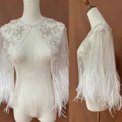 Women Feather Wrap Jacket Sequin Beaded Beading Bride Jackets Tulle Bridal Cloak - Image 1 of 4