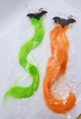 BRAND NEW Scunci Halloween Bat Lot Of 2 Clip-On Hair Extensions Green And Orange - Image 1 of 4