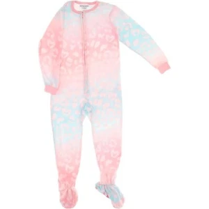 Komar Kids Girls Blue Pink Leopard Fleece Footed One Piece Pajamas Size Large - Picture 1 of 3